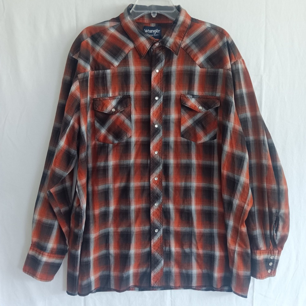 Wrangler Western Shirt Mens 3XL Orange Black Plaid Long Sleeve Pearl Snap